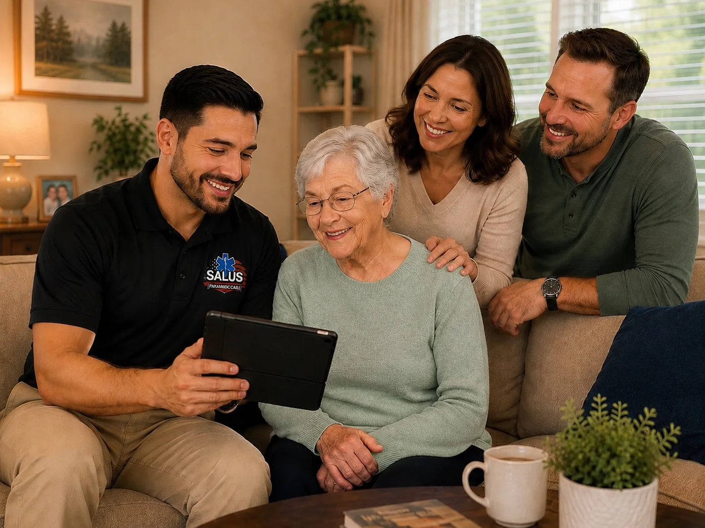 A Salus paramedic sharing visit findings with a senior and her family at home