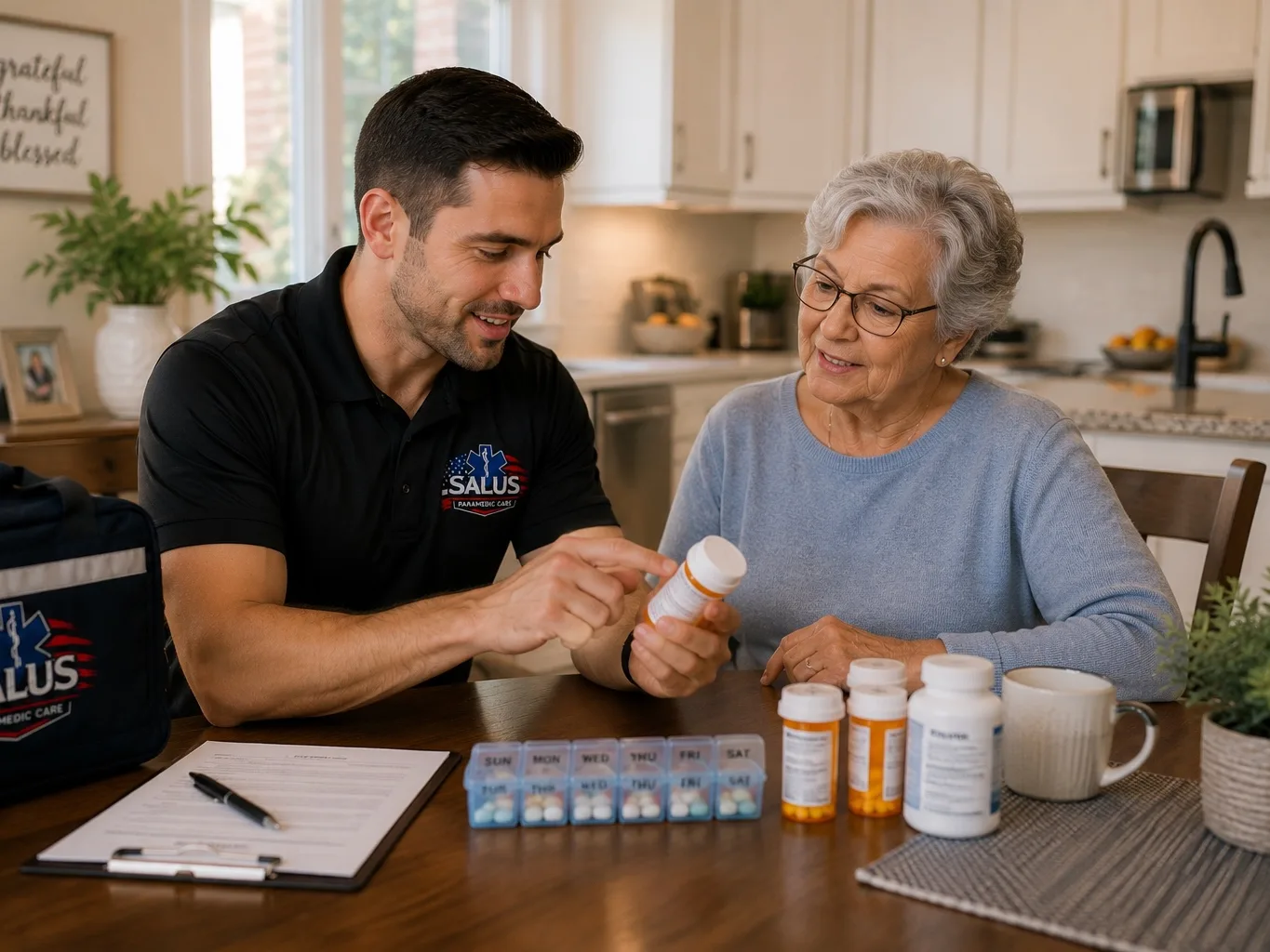 Salus paramedic reviewing medications with a senior at her kitchen table