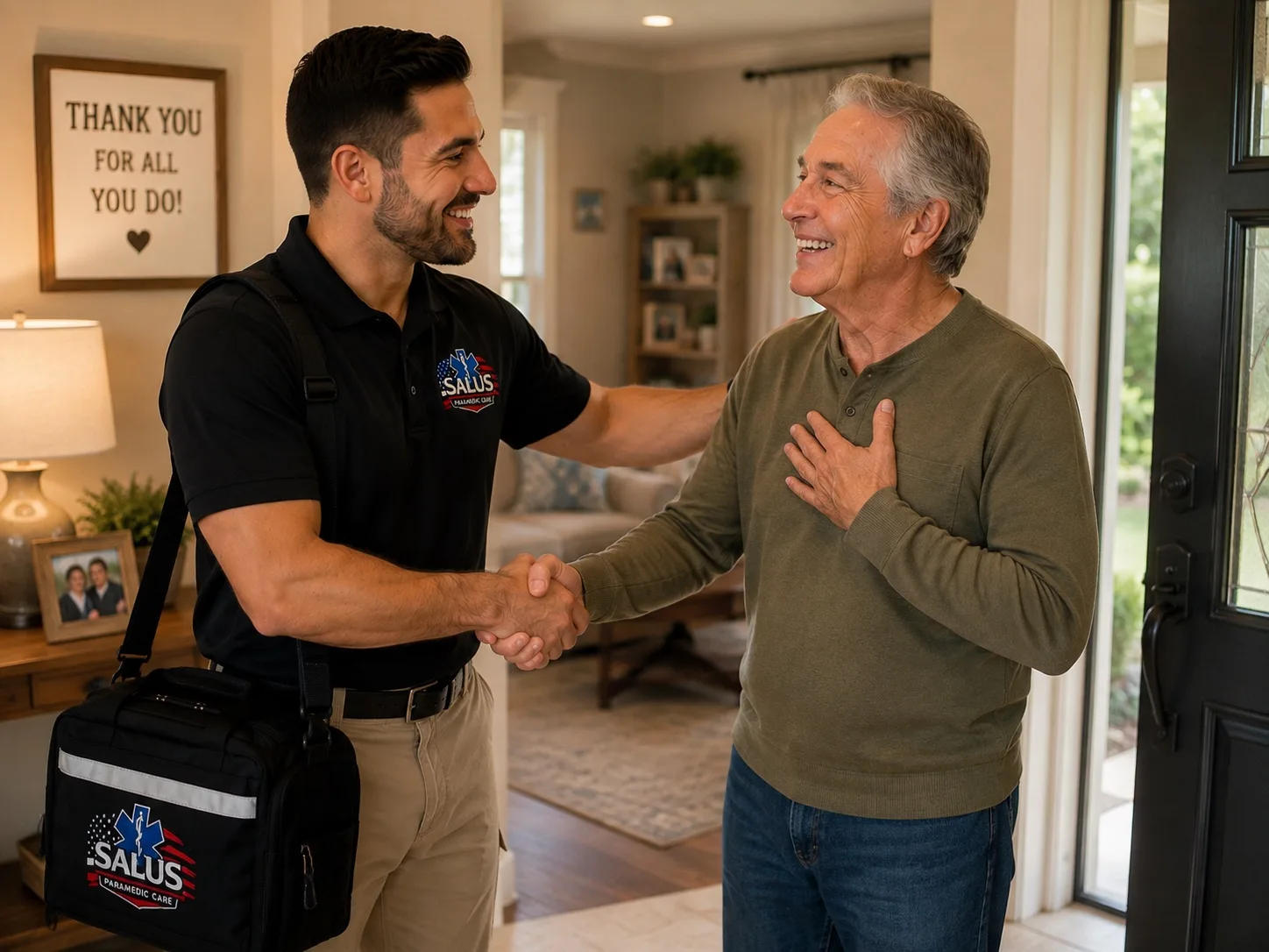 Salus paramedic warmly greeting a longtime wellness monitoring client at home