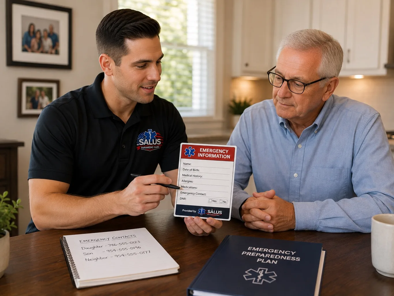 Salus paramedic reviewing paperwork and emergency information with a senior at his kitchen table