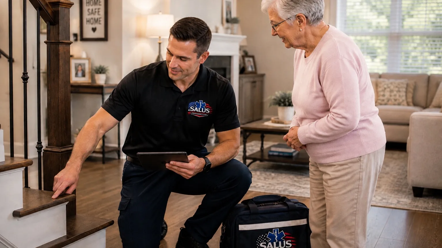 Salus paramedic during a friendly in-home wellness conversation with a senior